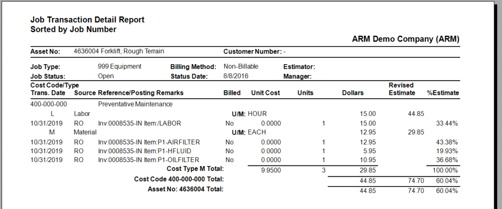 A screenshot of a job transaction detail report from fixed asset maintenance software showing labor and material costs for a forklift maintenance job, including dates, item codes, units, hours, dollars, and percentage estimates.