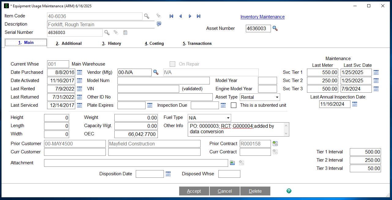 A fixed asset maintenance software interface for Equipment Usage Maintenance showing fields for item details, asset number, maintenance schedules, and costs, with tabs for main, additional, history, costing, and transactions at the top.