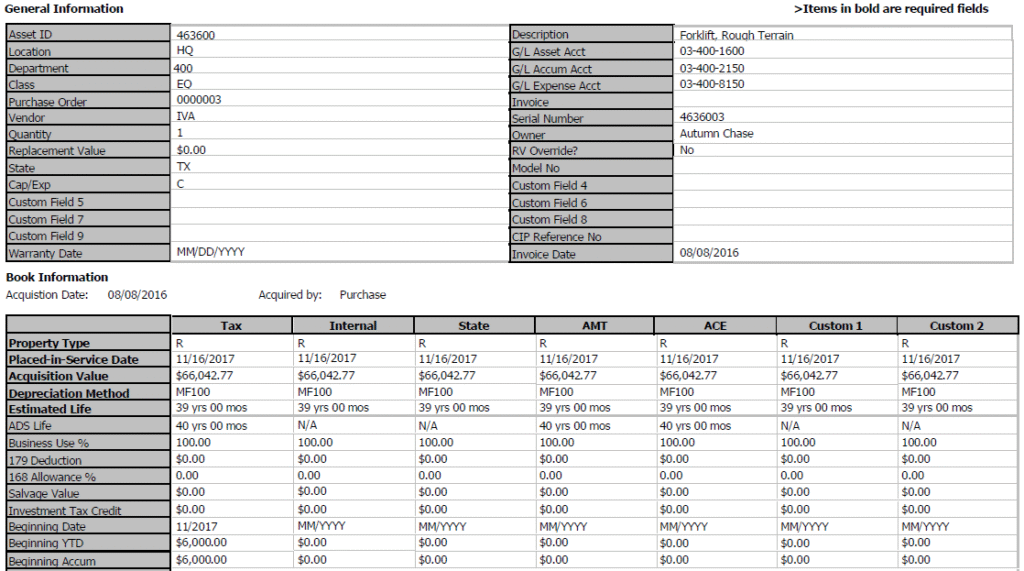 Asset information form displaying asset ID, description, location, acquisition date, value, and various tax and depreciation schedules—ideal for fixed asset management software to track categories and amounts in a clear tabular format.