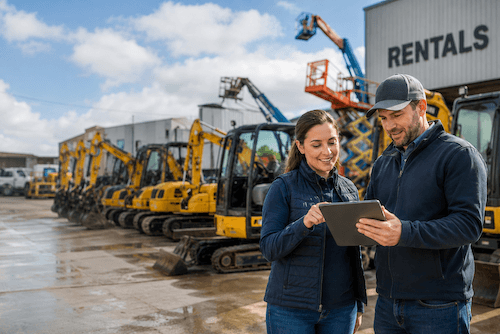 Two people stand outside near a row of yellow excavators, looking at a tablet together—perhaps discussing how to scale a rental business. Behind them is a building labeled "RENTALS" and several aerial lifts under partly cloudy skies on wet ground.