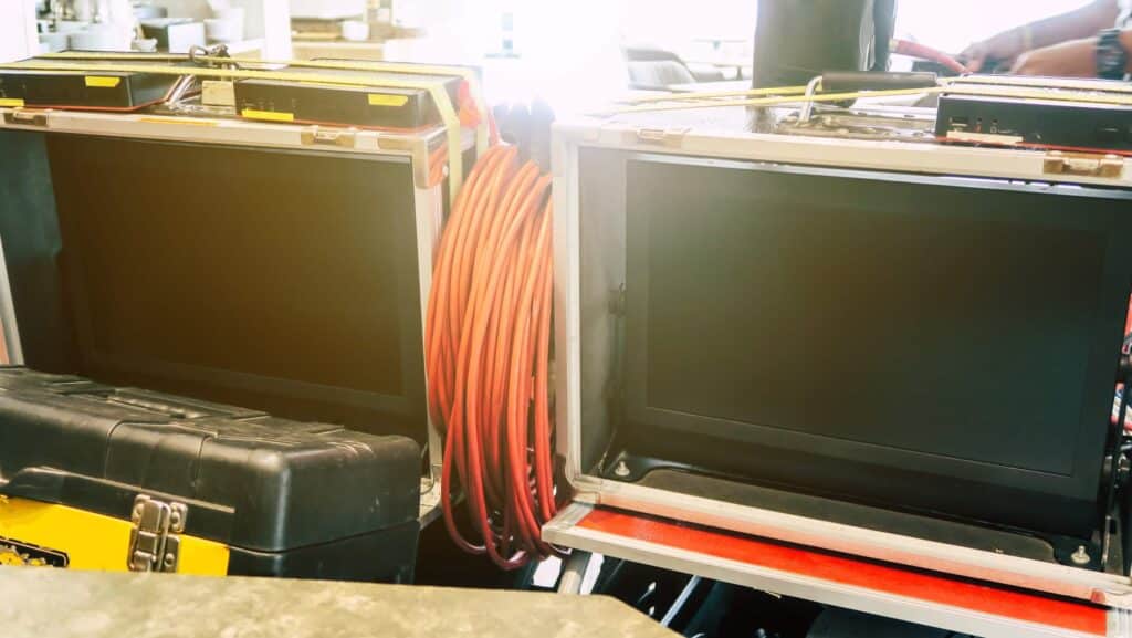 Two large monitor screens in rugged cases, surrounded by coiled orange cables and a black utility toolbox—an ideal setup for those learning how to scale a rental business in an industrial or technical setting.